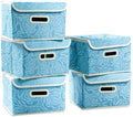 PRANDOM Collapsible Storage Boxes with Lids [5-Pack] Fabric Decorative Storage Bins Cubes Organizer Containers Baskets with Cover Handles Divider for Bedroom Closet Living Room Blue 9.8x7.9x6.7 Inch by Prandom