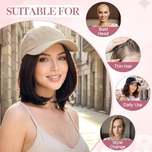 SEGO Unisex Vintage Baseball Cap with Hair Extensions for Women Synthetic Hair Attached Short Straight Hairpiece Khaki Baseball Cap Wig Adjustable Hat Wigs for Women 6 Inch 18A Light Blonde - Image 4