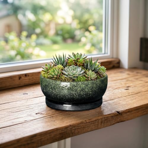 6 Inch Ceramic Succulent Pots for Indoor Plants, Speckle Green - Image 3