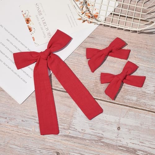DEEKA Cotton Linen Hair Accessories Set: Red Hair Bows & Ponytail Knot Bows in 2 Sizes, Alligator Clips for Toddlers & Little School Girls - Image 7