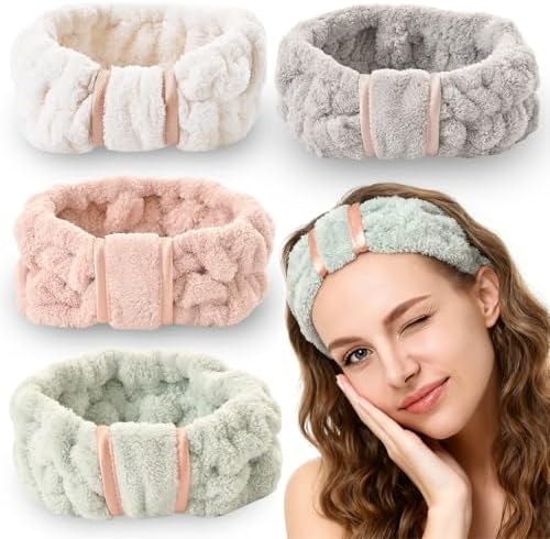 4 Pack Microfiber Towel Headbands for Washing Face, Spa & Skincare for Women (Beige, Flesh Pink, Grey, Green) by IAXSEE