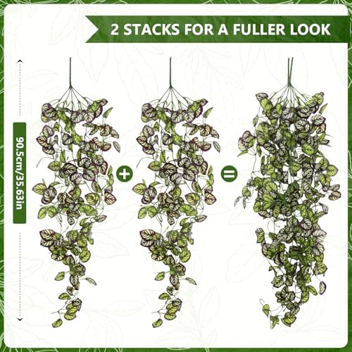 2-Pack Fake Hanging Plants, Faux Hanging Plant Artificial Greenery for Living Room Bedroom Boho Wall Shelf Indoor Outdoor Decor (Purple Feather Leaf) - Image 3