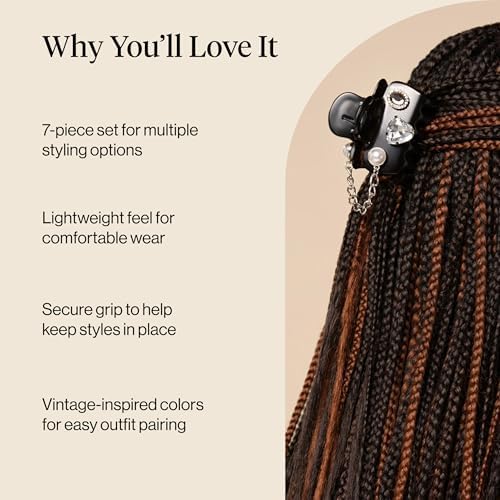 KitschPop ™ Hair Clips For Women with Charm Sets -Vintage Black, 7pcs Set - Image 3