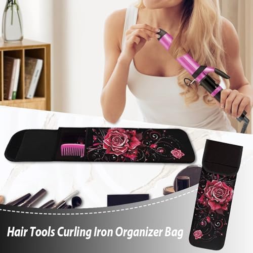Ohuysud Rose Print Curling Iron Holder Bag Heat Resistant Neoprene Curling Iron Storage Bag Portable Straightener Holder Bag Hair Tools Travel Case Bag Hair Accessories Organizer - Image 5