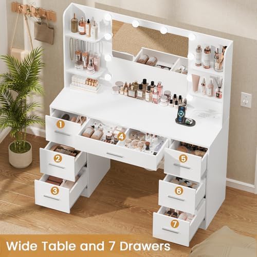Quimoo Large Vanity Desk with LED Lighted Mirror & Power Outlet,Makeup Vanity Table with 7 Drawers,4 Shelves and 5 Hooks,Vanity Table, Vanity Desk Set for Bedroom,Bathroom,White - Image 3
