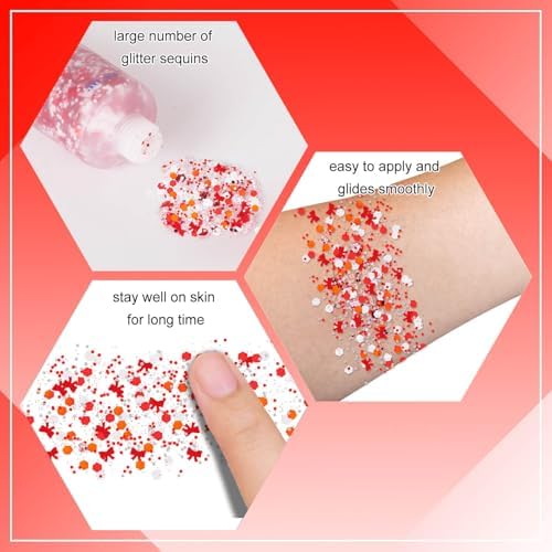 MEICOLY Red and White Face Hair Glitter Gel,Body Glitter for School Spirit Accessories, Game Day,Pep Rally, Sports Fans, Book Character Costumes, Reading Week,Halloween Festival Party Makeup - Image 5
