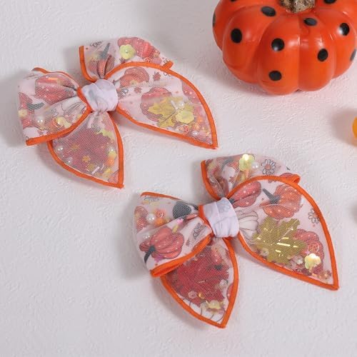 Fall Thanksgiving Mesh Tulle Hair Bows for Girls, 2Pcs 4" Pumpkin Maple Leaf Shaker Bow Alligator Clips, Glitter Halloween Fable Barrettes for Women Teens Kids Outfit Accessories - Image 2