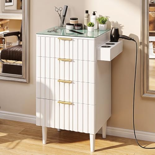 OmySalon Salon Station, Barber Station for Hair Stylist, Storage Cabinet with Glass Top & Drawers & Heat Resistant Dryer Holders, Modern Retro Style (White) - Image 2