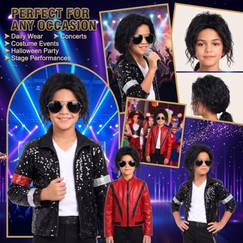 Kids Black Ponytail Wig with Glasses & Gloves for 80s Disco Rock Costume - Image 6