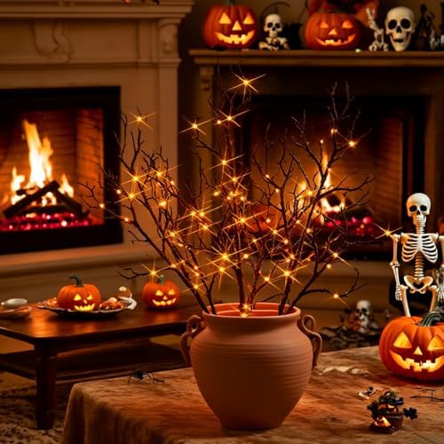 Halloween Branch Lights with Timer Battery Operated 75 LED Orange Fairy Lights, Lighted Black Willow Branches 21IN for Home Decor - Image 6