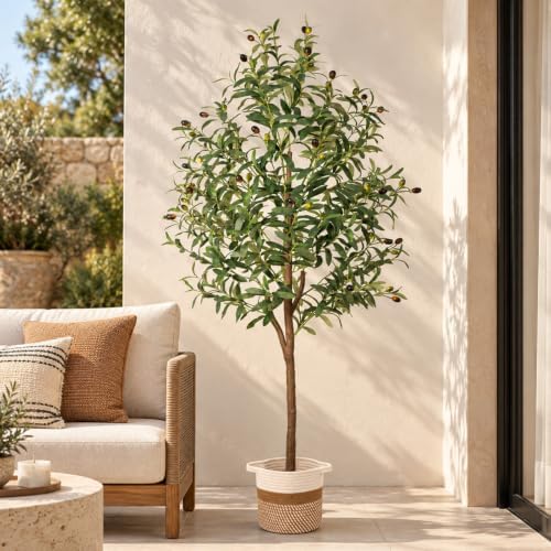 6FT Artificial Olive Tree Indoor Tall Faux with Planter & Basket Large Fake Olive Silk Trees Realistic Olive Plants with Branches and Fruits for Office Decor Home Living Room - Image 5