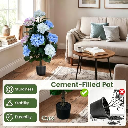 2 Pack 3FT Artificial Hydrangea Trees with Pots, Realistic Pink White Blue Faux Hydrangea Plants, UV Resistant Potted Flowering Tree for Indoor Living Room, Entryway, Front Porch, Patio & Garden Decor - Image 4