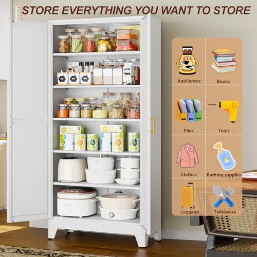 75" White Tall Metal Storage Cabinet with 2 Doors and 5 Adjustable Shelves,Steel Garage Tool Cabinet, File Cabinet,Kitchen Pantry Cabinet for Home,Office,Garage,School,Warehouse - Image 5
