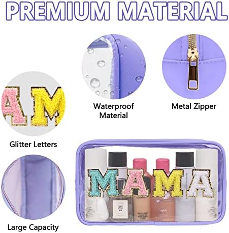 Iqimott Clear Patch Makeup Bag Mama Pouch, Preppy Personalized Chenille Letter Cosmetic Pouch for Travel, Nylon Waterproof Travel Essentials Zipper Toiletry Bags for Women Girls(MAMA, Purple) - Image 3