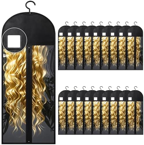 18Pcs Extra Long Wig Storage Bags with Hanger Hair Extension Wig Storage Hanger Bags for Multiple Wigs with Tags Organizer Dust-Proof Home Travel Closet Wigs & Accessories (Black 31.5in) by YUJIASH