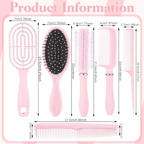6 Pieces Detangling Styling Comb Set for Women and Men - Hair Brush for Straight, Curly, and All Hair Types(Pink) - Image 6