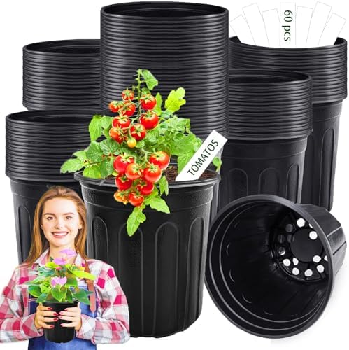 60 Pcs 1 Gallon Flexible Plant Nursery Pots,Plastic Thickened Soft Seedling Pot with Plant Labels,Flower Seed Starting Containers for Succulents,Transplanting,Indoor Outdoor,Black by Paradistar