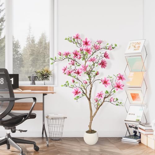 5 Inch Artificial Magnolia Tree with Pot, Faux Flower Tree with Pink Magnolia Blooms and Green Leaves, Potted Artificial Plant for Living Room, Bedroom, Office, Entryway, Store, Home Dector - Image 6