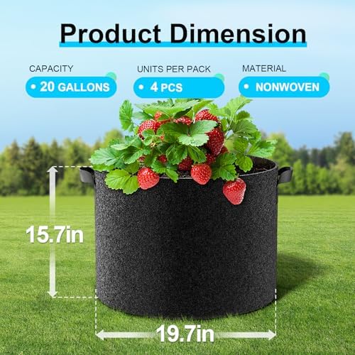 Land Guard 4-Pack Fabric Grow Bags 20 Gallon, Thickened Nonwoven Garden Pots, Growing Bags with Handles, Black - Image 2