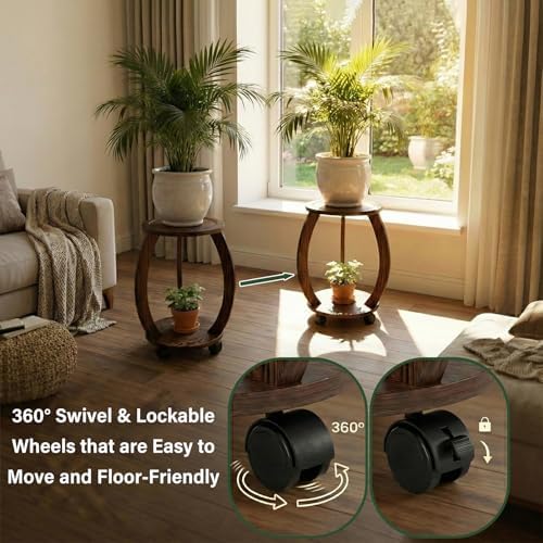 2 Pack 2 Tier Wooden Plant Stand Indoor with Wheels – Tall Plant Stand for 6-12 Inch Pots, Mid-Century Modern Rustic Plant Table Indoor, Pedestal Stand for Corner, Living Room, Balcony - Image 2