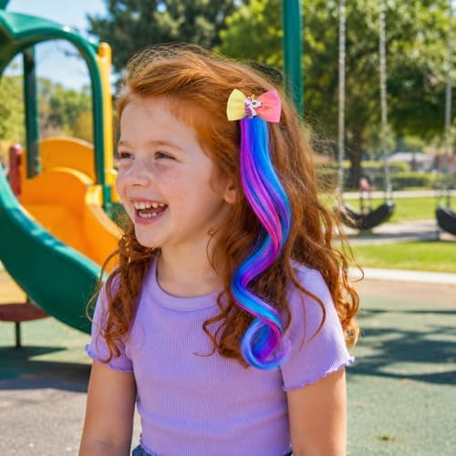 Ideal Swan 6 Set Hair Extensions Clip - Colored Straight Curly Hair Extensions for Kids Ponytails Girls, Rainbow Thick Wig Clip in Fake Bangs with Cute Unicorn Accessories (Curly Hair 02) - Image 2