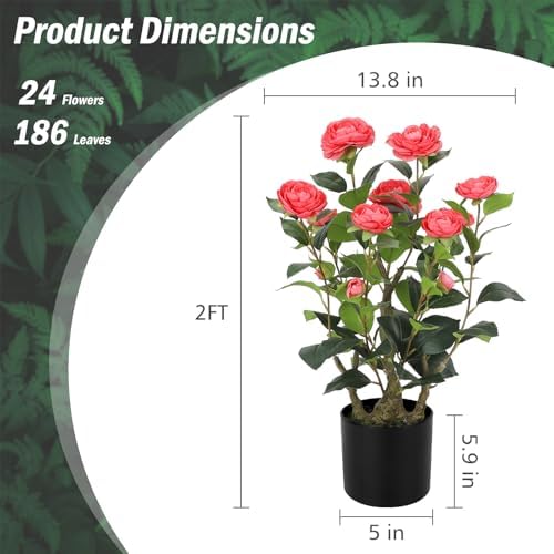 Romantic Season 2FT Pink Artificial Camellia Tree 2Pack, Faux Camellia Plant Fake Potted Camellia Flower Tree for Modern Home Office Living Room Floor Décor - Image 3