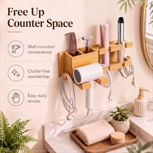 Wenqik Wall Mount Hair Tool Organizer Bamboo Hair Dryer Holder Tool Storage - Image 6