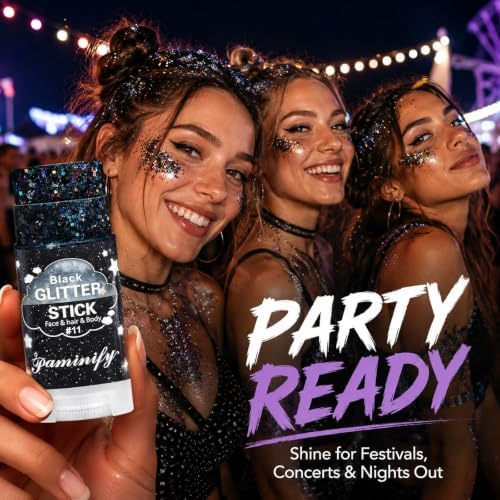 Black Face Glitter Stick,Halloween Black Holographic Body Hair Glitter,Waterproof Singer Concert Outfits for Women, Chunky Glitter Makeup Sequins Body Paint for Parties,Festival - Image 3