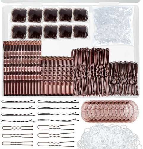 510PCS Brown Bobby Pins Hair Pins Kit with Hair Net, YINGFENG Includes 100 Bobby Pins for Women, 100 U-Shaped Buns Hair Clips, 300 Hair Bands and 10 Brown Hair Nets, Dance competition must haves by YINGFENG