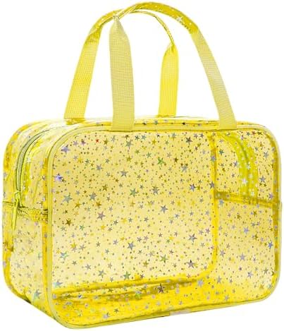 Clear Yellow Star Large Makeup Bag with Star Pattern 12x5x8 inch, Travel Cosmetic Bag with Handle, Durable PVC Material Washbag Zipper Opening Design for Makeup Travel Organizer or Gym Use by junesters