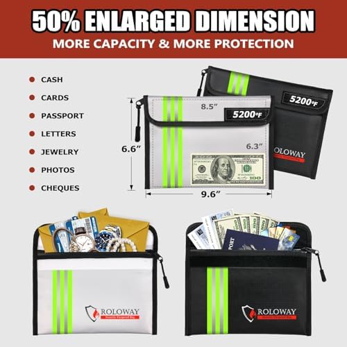 ROLOWAY Fireproof Bag (9.6 x 6.6 inches) 5200℉ Heat Insulated with Reflective Strip, Fireproof Money Bag with Zipper for Cash (2-Pack) - Image 4