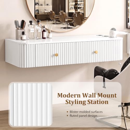 OmySalon Wall Mount Salon Station, Hair Stylist Cabinet with 3 Heat Resistant Dryer Holders, 2 Drawers, Modern Style Barber Storage Station for Barbershop Salon SPA, Solid White - Image 4