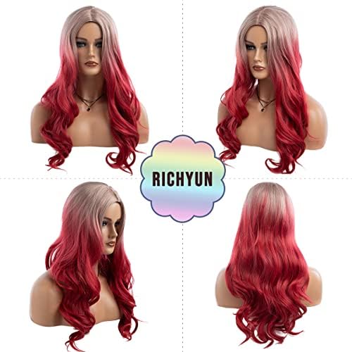 Long Curly Wavy Silver Grey to Red Wig Middle Part Natural Looking Synthetic Cosplay Wig for Women - Image 4
