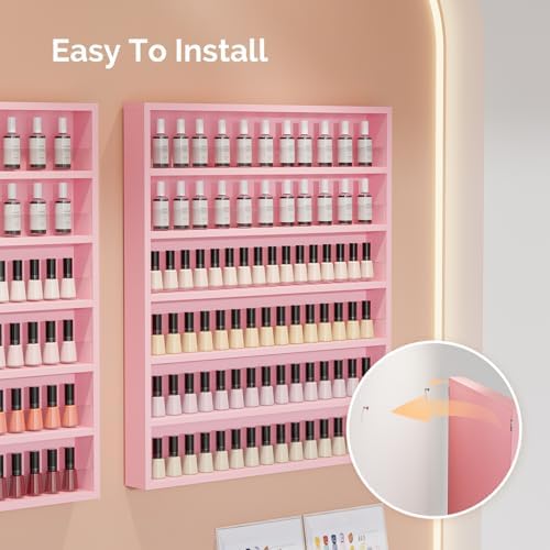 OmySalon Nail Polish Organizer Wall Mount - Holds 200 Bottles with Acrylic Barrier, Salon Display Rack for Home Spa & Nail Studio - Assembly Required, Wooden Polish Storage (Pink, 6-Tier) - Image 7
