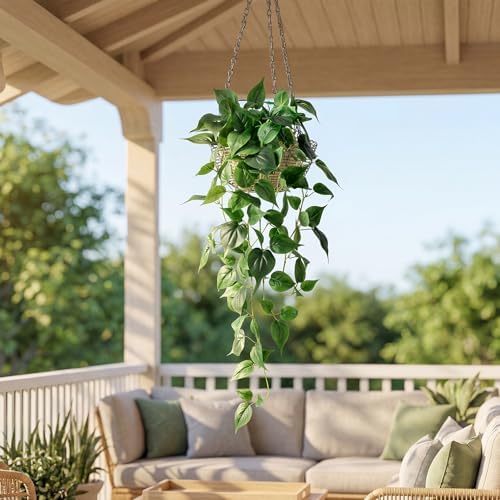 Fake Hanging Plants with Pots - Realistic Artificial Plant for Indoor Outdoor, 33In Silk Fake Potted Plants, 2PC Faux Ivy Vine for Shelf Tabletop Office Decor, Dark Green - Image 5