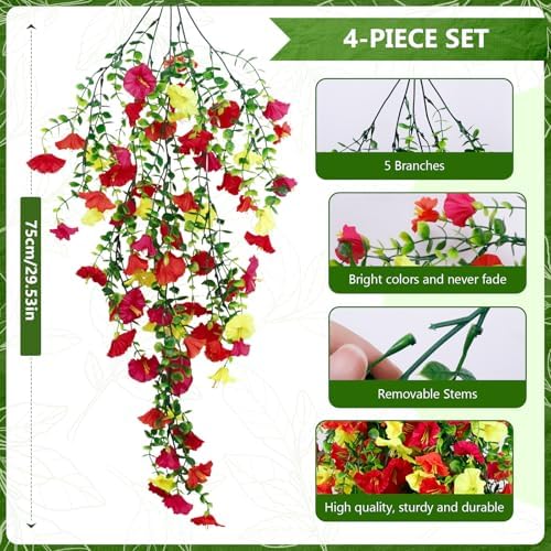 4-Pack Fake Hanging Plants, Faux Hanging Plant Artificial Greenery for Living Room Bedroom Boho Wall Shelf Indoor Outdoor Decor (Purple Pink Yellow Red Morning Glory) - Image 3