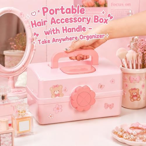 ZOOFOX Hair Accessories Organizer for Girls, Cute Cartoon Pink 3-Tier Storage Box with Handle and Lock, Multi-Purpose Case for Hair Bows, Clips, Scrunchies, Jewelry and Crafts - Image 6