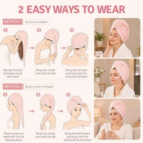 2 Pack Microfiber Hair Towel Wraps, Quick Dry Turbans, Pink & Blue - Image 6
