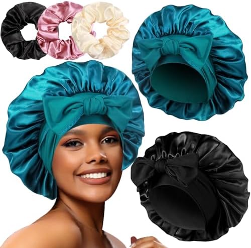 2+3 Large Satin Bonnets with Scrunchies for Women, Hair Bonnet Sleeping Tie Bonnet for Braids Curly Hair by Heniho