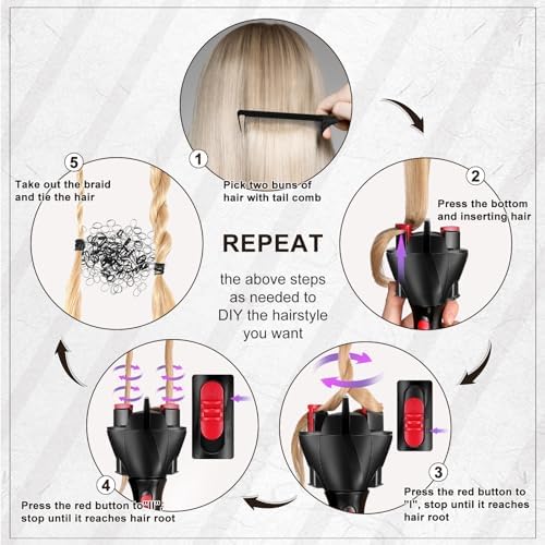 7 Pieces Automatic Braider Set, Includes Electronic Tool Machine, Braid Maker Twister with Rat Tail Comb and Crocodile Clips for Styling (Rose Red) - Image 3