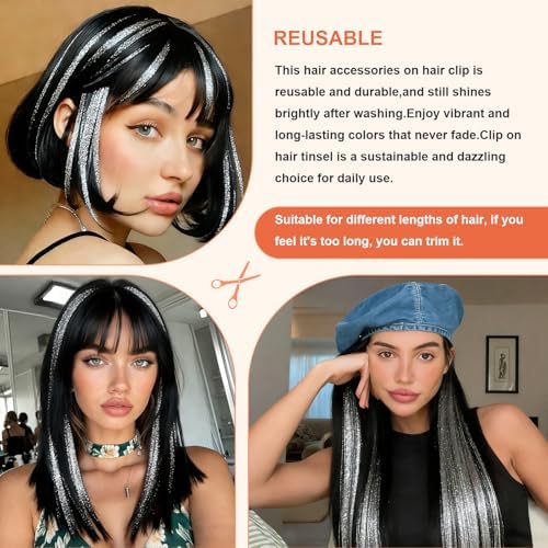 Leuceiy Hair Tinsel Clip in,Hair Accessories Tinsel Hair Extensions for Girls Pack of 6 Pcs 20 Inch,Fairy Hair Tinsel Kit,Heat Resistant New Years Festival Party - Image 4