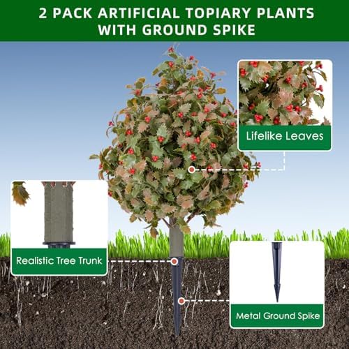23.6" Artificial Holly Topiary Ball Trees with Metal Ground Spike, Set of 2 - Image 6
