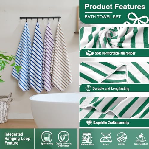 JML Microfiber Beach Towels, 4 Pack, 27" x 55", Cabana Stripe Green - Image 3