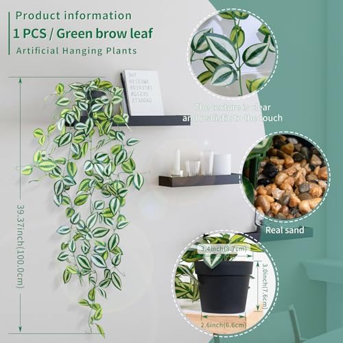 LOYWREE 2 Pack Fake Hanging Plants - Small Potted Plants with Green Eyebrow-Leaf Trailing Vines, Indoor Outdoor Aesthetic Decor for Office, Living Room Shelf & Home Accent (Black Pot) - Image 2