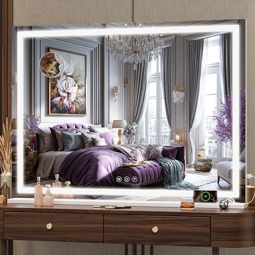 Hasipu Vanity Mirror with Lights, 32" x 24" LED Makeup Mirror, Lighted Makeup Mirror with Dimmable 3 Modes, Touch Screen Control Vanity Mirror Square White by Whatssuitableisthebest