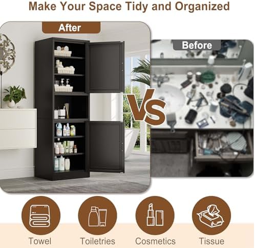 67" Tall Narrow Bathroom Storage Cabinet, Metal Pantry Cabinet, Black - Image 5