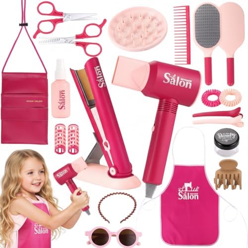 GAGAKU Pretend Hair Salon Toys for Girls,Pretend Makeup for Toddlers Dress Up Beauty Salon Set Stylist Kit with Hair Dryer Apron Curling Flat Scissors Accessories Girl Gifts by GAGAKU