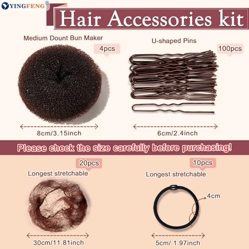 YINGFENG 134 Pcs Brown Hair Bun Maker Kit Medium - 4 Bun Hair Pieces for Women, 20 Hair Net for Buns, 100 Bobby Pins for Women, 10 Hair Bands, for Ballet Styling, Hair Accessories for Girls - Image 3