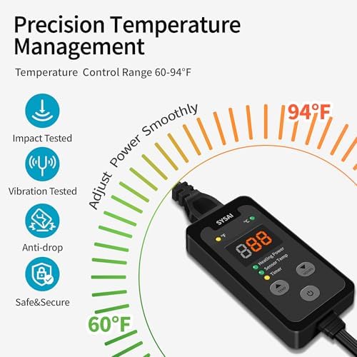 SYSAI Temperature Controller for Reptile Tank, Heat Mat, Seed Germination, Greenhouse, Brooder, Home Brewing, 100W-1A, Digital Thermostat, °F/°C Display, 60-94°F - Image 2