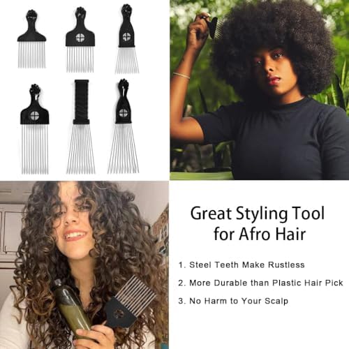 6 Pack Curly Afro Hair Metal Hair Picks, Metal Tool Hair Combs for Men Women Afro Wigs (Black) - Image 2
